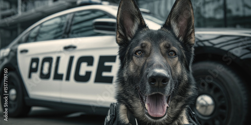 Close-up of alert police dog in front of patrol car with bold POLICE lettering, working K9 portrait
