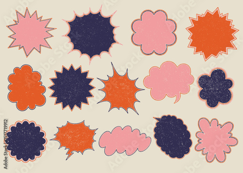 Retro Comic Speech Bubble and Explosion Shape Clipart Grunge Aesthetic Callouts. Hand drawn textured vintage illustrations.