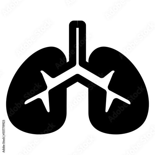 Black and white drawing of a pair of lungs. The lungs are shown in detail, with the trachea