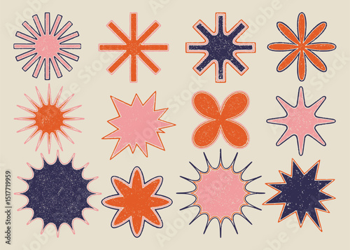 Retro Shapes Burst and Blob Clipart Collection. Hand drawn textured vintage illustrations.