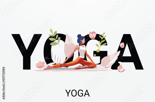 Yoga Day Illustration – Woman in Yoga Pose with Decorative Leaves