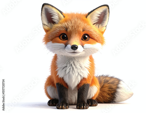 A charming cartoon fox sitting upright with its fluffy tail visible on a white background studio shot on transparent background