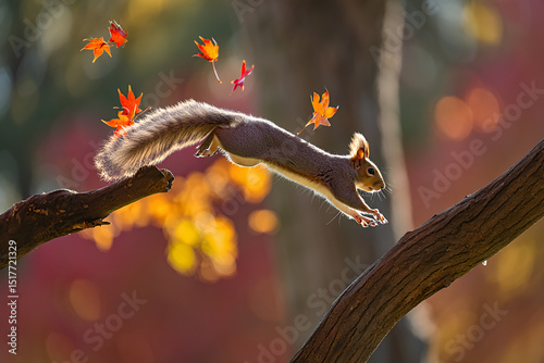 Squirrel mid-air leap from branch to branch amidst falling autumn leaves in a vibrant forest setting