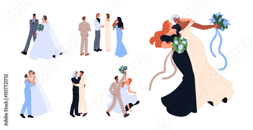 Set of diverse wedding couples. Homosexual newlywed families. LGBT beloved, brides in bridal dress and grooms marry. Wives and bridegrooms hug, kiss, love. Flat isolated vector illustrations on white