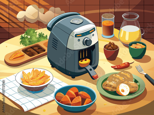 vector of Cooking in a fryer without oil. Frying chicken pieces and air fryer paper. On the table and inside the potatoes.