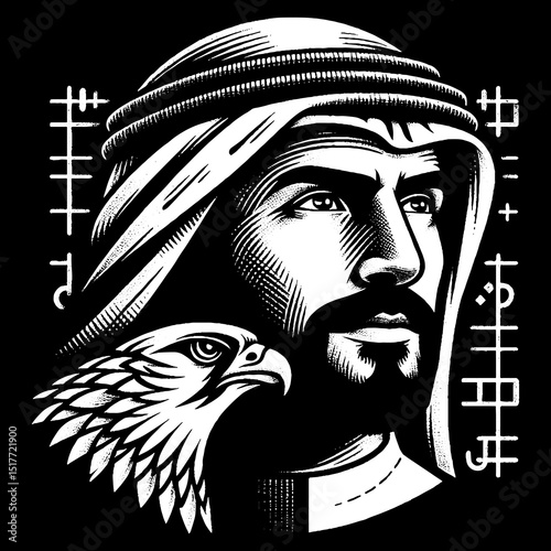 Vintage Hand-Drawn Emirati Man with Keffiyeh and Falcon Silhouette Illustration 