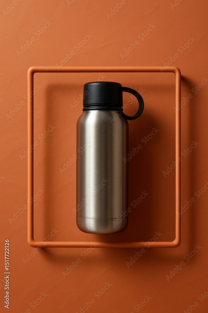 A sleek stainless steel water bottle, a symbol of hydration and environmental responsibility, placed inside a square frame, showcasing its modern design against a terracotta backdrop A sleek stainless steel water bottle, a symbol of hydration and environmental responsibility, placed inside a square frame, showcasing its modern design against a terracotta backdrop