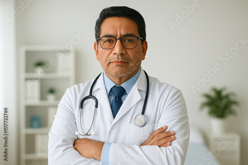 Confident Latin American doctor with authority posing in office for healthcare and medical promotion