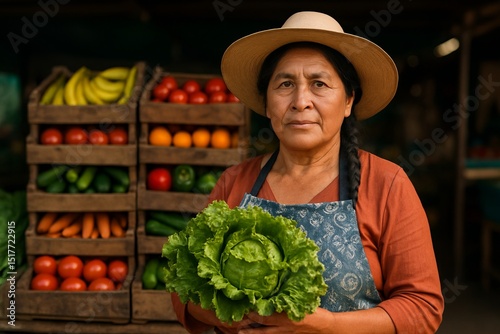 Proud Latin American farmer displaying fresh produce at local market