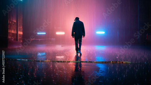 Man walking in the rain at night on a city street with neon lights and police tape