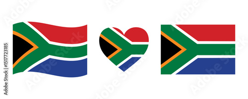 South Africa flag signs set, heart shape decorative element. Independence Day of South Africa. National symbols of Heritage Day in South Africa. African wavy flag. Juneteenth, Black History Month.