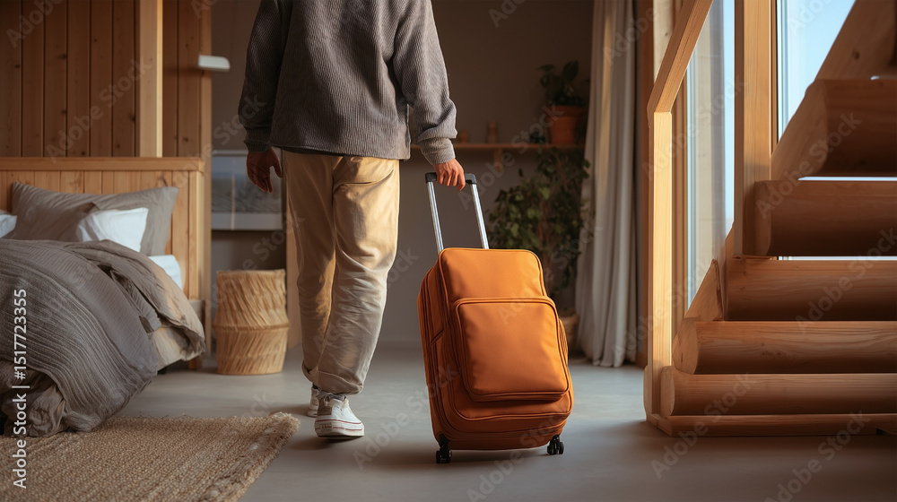 Fototapeta premium A person is walking with a brown suitcase