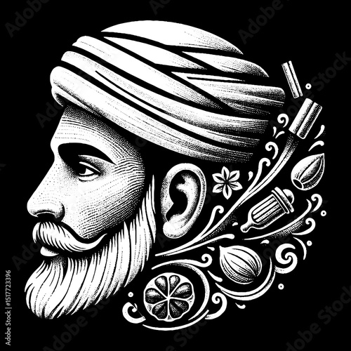 Vintage Hand-Drawn Bedouin Man with Headscarf and Dune Lines Illustration 