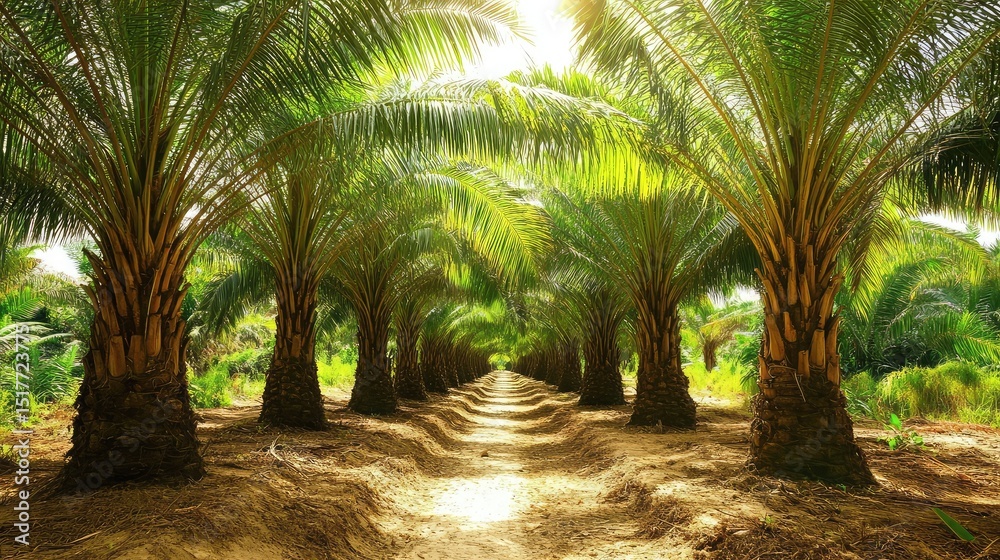 Obraz premium Palm oil plantation with symmetrical rows viewed from above under midday sunlight