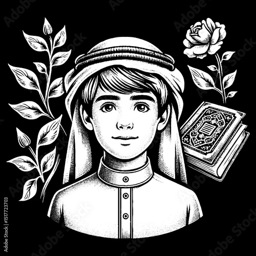 Vintage Hand-Drawn Young Boy with Kandura and Book Background Illustration 