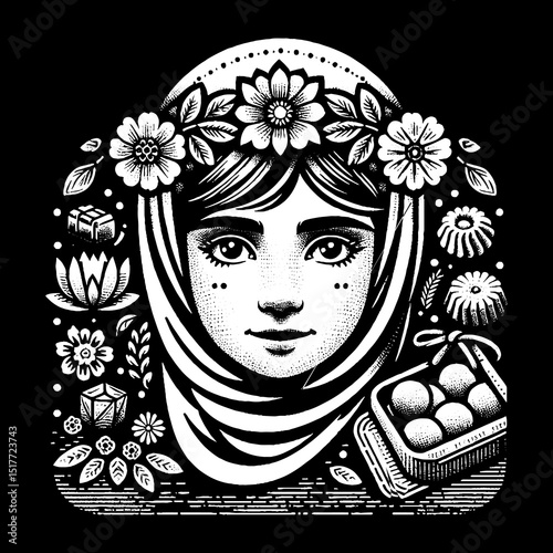 Vintage Hand-Drawn Handicraft Woman with Basket Weave Pattern Illustration 
