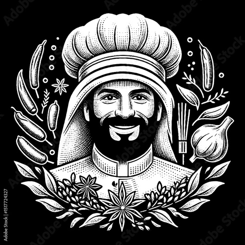 Vintage Hand-Drawn Chef with Toque and Spices Illustration 