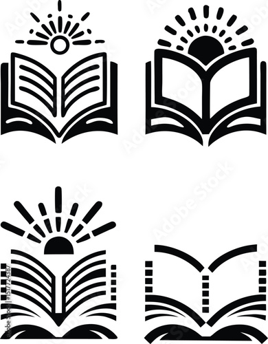 Black and white open book icons with sunbursts above them