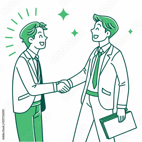 Two businessmen shaking hands isolated on white background in green line art style