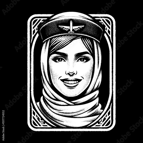 Vintage Hand-Drawn Stewardess with Scarf and Smile Illustration 