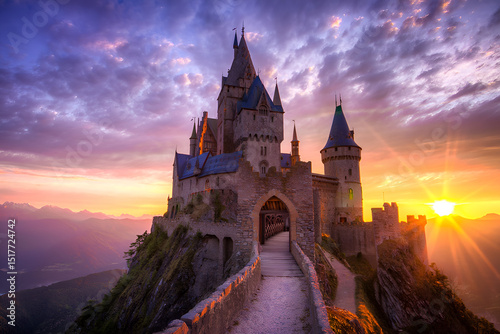 Wallpaper Mural Majestic castle on a cliff at sunset with colorful sky and mountains in the background, creating a fairytale landscape Torontodigital.ca