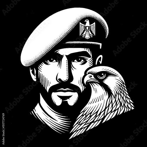 Vintage Hand-Drawn Military Face with Beret and Falcon Silhouette Illustration 