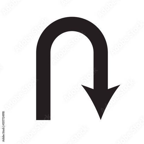 Vector U-turn arrow icon in black, pointing downward. Ideal for maps, traffic instructions, direction UI, or infographic purposes. Clear and simple design suitable for digital or print media.