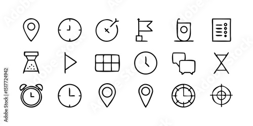 Time, date and location icon set in line style, Containing hourglass, pin, stopwatch, calendar, clock, gps point, flag point, globe point and more, vector illustration 