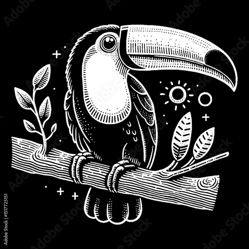 Vintage Hand-Drawn Toucan Perched on a Branch Curious and Bright-Eyed Illustration 