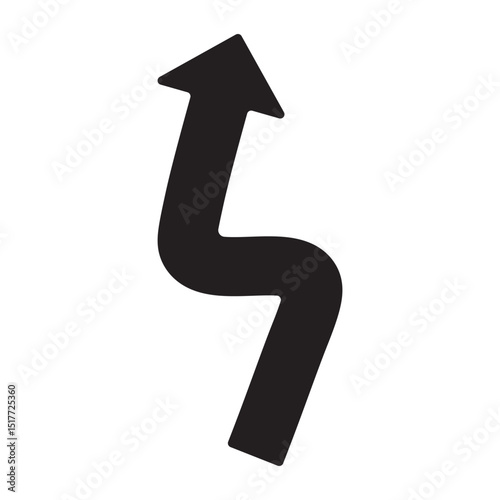 Curved upward arrow direction icon, symbolizing progress, navigation or complex route. Useful for UI, maps, infographics, and abstract road concepts in minimalist black vector style.
