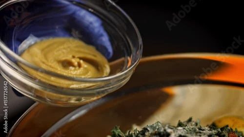 Add mustard to the mixture of meat and ingredients. Falscher Hase recipe. 4k video recipe