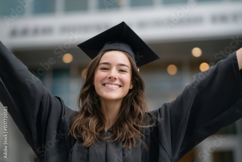 Joyful graduate celebrates achievement with open arms and bright smile