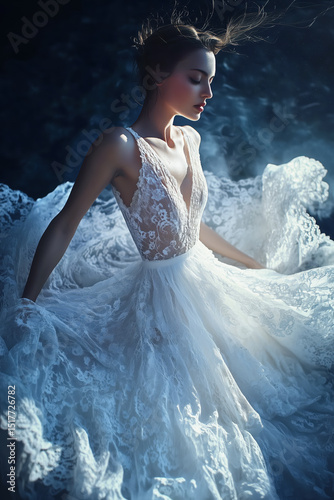 Beautiful girl in white lace bride's dress blowing in wind on the seashore among sea foam