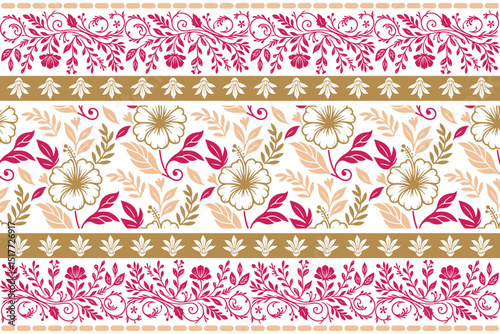 Floral border seamless design.Line art floral sketch.Hand drawn minimal flowers.Fashion pattern for women wear.Repeat texture pattern

