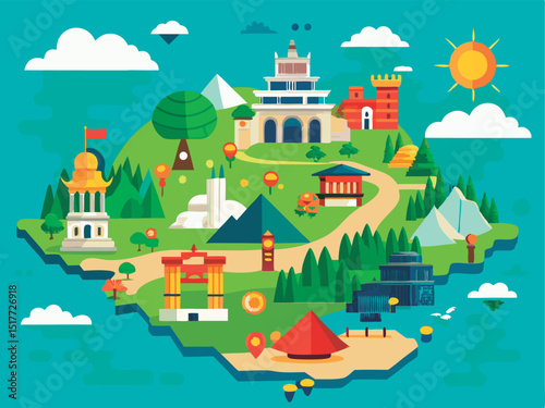 Colorful map of a whimsical island destination.