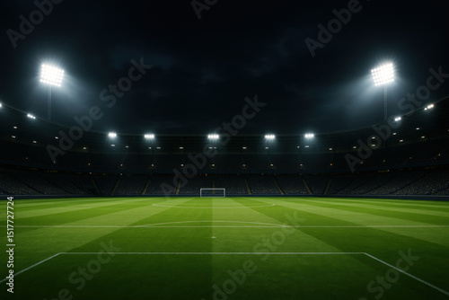 A soccer stadium illuminated under bright lights with a vibrant green field.