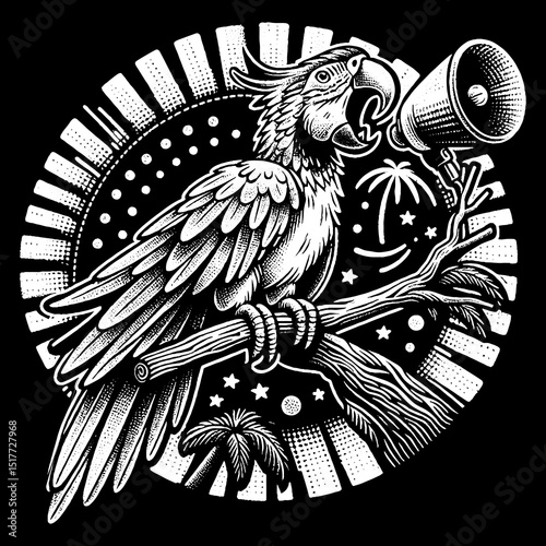 Vintage Hand-Drawn Macaw Squawking from a Treetop Lively and Colorful Illustration – Tropical Bird Vector Artwork for Nature Apparel, Posters, Stickers, and Jungle Designs on Dark Background