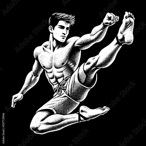 Vintage Hand-Drawn Handsome Man Performing Capoeira Confident and Agile Illustration – Martial Arts Vector Artwork for Cultural Apparel, Posters, Stickers, and Dance Designs on Dark Background