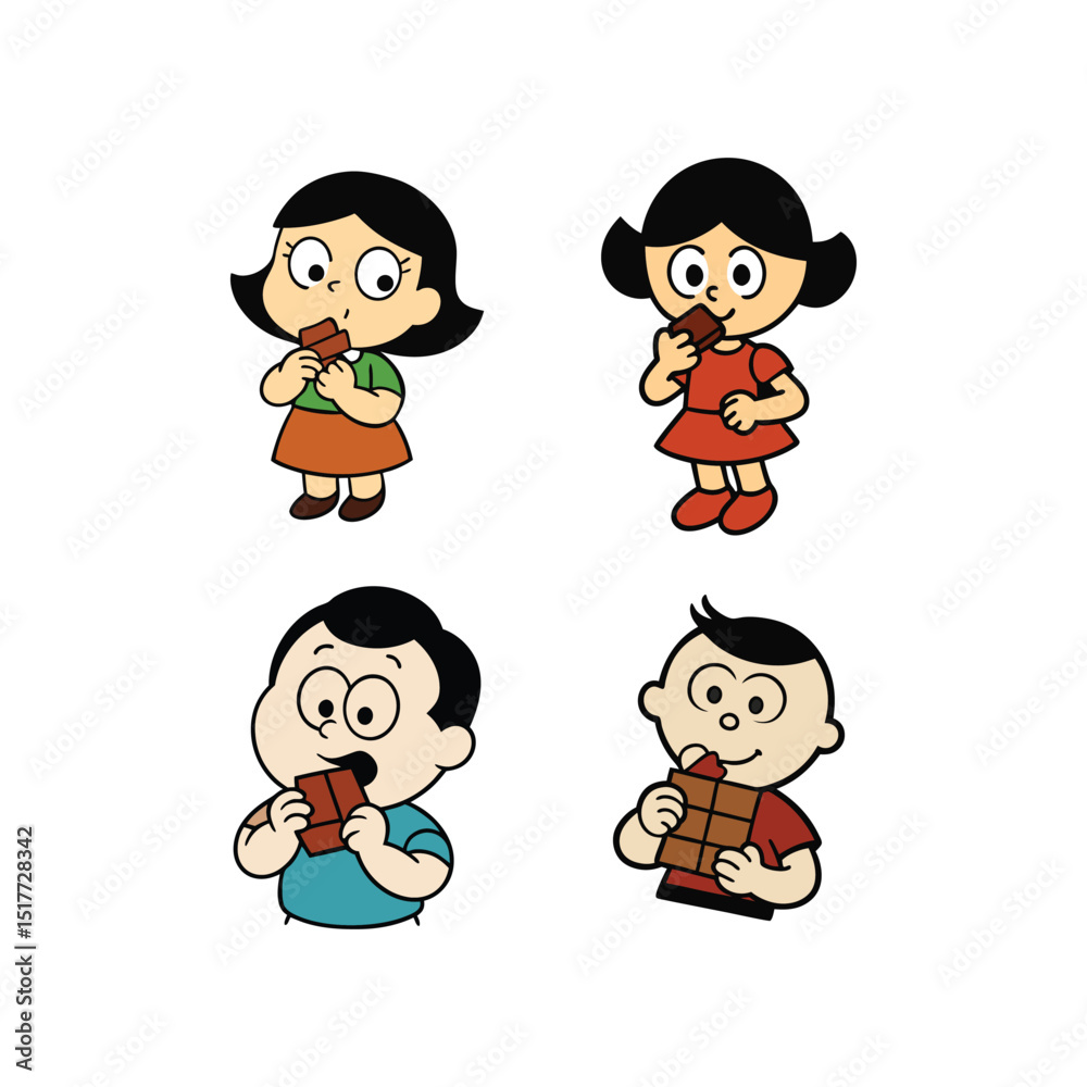 A set of cartoon boy and girl eating chocolate vector illustration A set of cartoon boy and girl eating chocolate vector illustration
