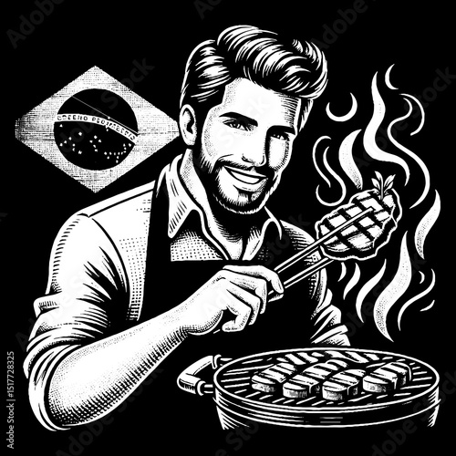Vintage Hand-Drawn Handsome Man Grilling Churrasco Proud and Content Illustration – Barbecue Vector Artwork for Culinary Apparel, Posters, Stickers, and Outdoor Cooking Designs on Dark Background