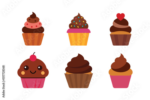 A set of chocolate cupcake vector art illustration