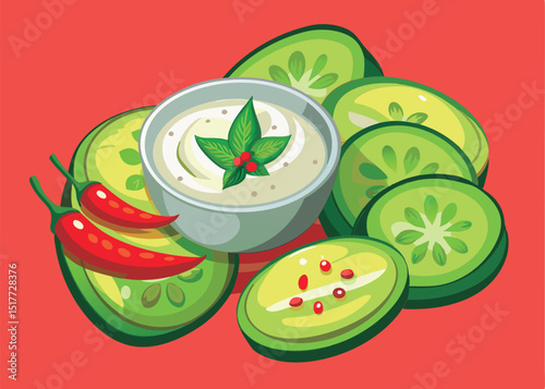 Cucumber slices with creamy sauce.