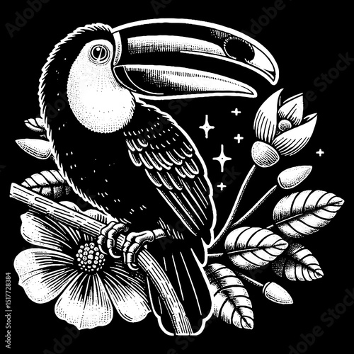 Vintage Hand-Drawn Toucan Perched on a Colorful Flower Bright and Alert Illustration – Tropical Vector Artwork for Nature Apparel, Posters, Stickers, and Wildlife Designs on Dark Background