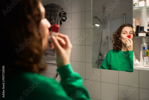 Young woman inhaling asthma inhaler while looking in mirror at bathroom