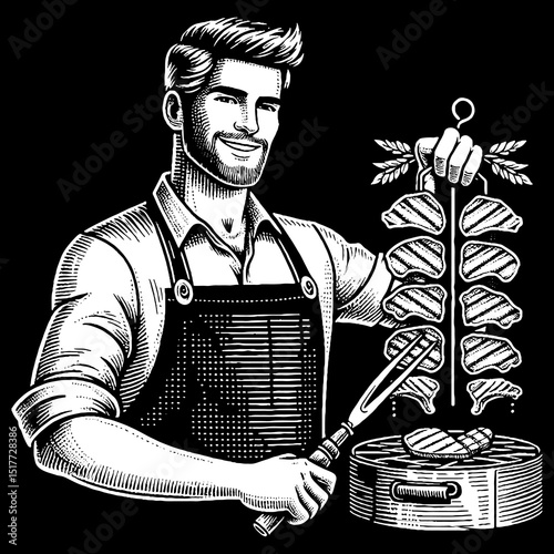 Vintage Hand-Drawn Handsome Man Grilling Churrasco Proud and Content Illustration – Barbecue Vector Artwork for Culinary Apparel, Posters, Stickers, and Outdoor Cooking Designs on Dark Background