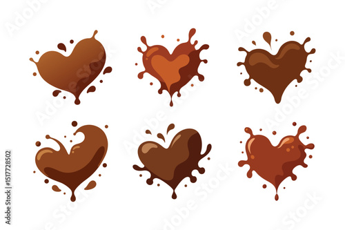 A set of chocolate heart shape milk splash vector illustration