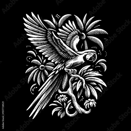Vintage Hand-Drawn Macaw Squawking from a Treetop Lively and Colorful Illustration – Tropical Bird Vector Artwork for Nature Apparel, Posters, Stickers, and Jungle Designs on Dark Background
