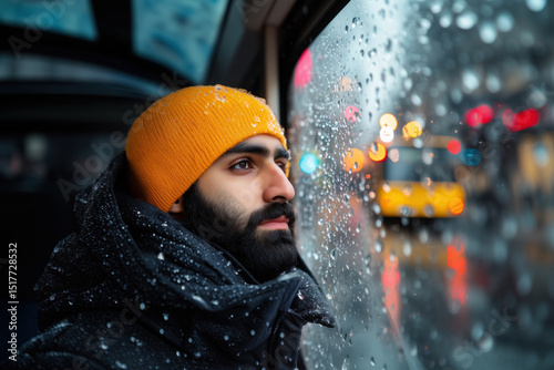 Reflective man in yellow beanie gazing through rainy bus window. Young man wearing yellow beanie and winter jacket looking out rain-streaked window with city lights blurred in background.