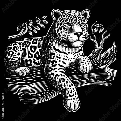ChatGPT said:Vintage Hand-Drawn Jaguar Resting on a Tree Calm and Alert Illustration – Wildlife Vector Artwork for Nature Apparel, Posters, Stickers, and Safari Designs on Dark Background