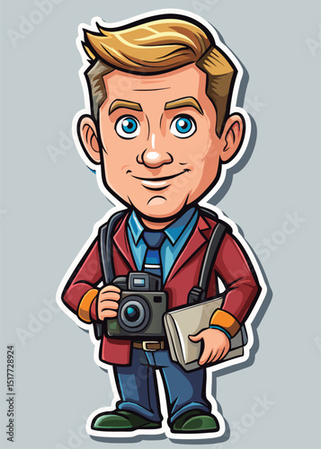 Friendly cartoon photographer holding camera.